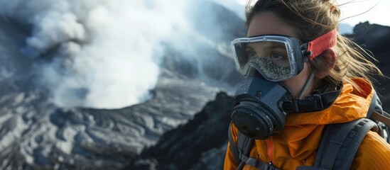 Female volcano scientist holds mineral samples and wears a respirator near a smoking fumarole on a volcano slope.