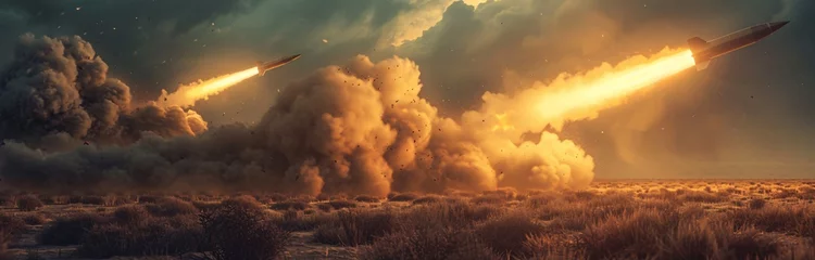 Foto op Canvas As flames ignite and an explosion echoes across the open field, a weapon of destruction pierces the sky, leaving a trail of smoke and pollution in its wake - a rocket's powerful heat propelling it to © Vladan
