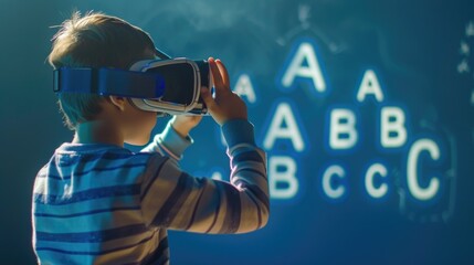 In this image, a young child clad in a striped shirt is seen wearing a virtual reality headset against a dark background illuminated by ambient lighting. The child seems to be engaged and possibly lea - obrazy, fototapety, plakaty