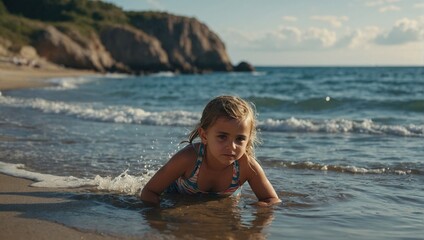 Small girl in swimsuit playing at beach, crouching in water