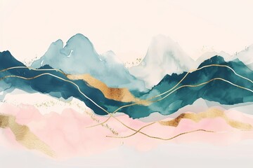 Abstract Mountain Elegance an artistic representation of mountainous landscape, blending washes of pastel pinks and deep blues with delicate gold accents, creating a serene and sophisticated abstract  - obrazy, fototapety, plakaty