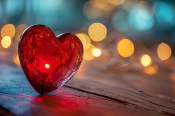 A bright red heart-shaped apple rests delicately on a rustic wooden surface, its spherical form catching the light and evoking feelings of love and temptation - Powered by Adobe