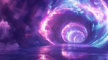 Rolgordijnen The image presents a mesmerizing digital landscape where a colossal vortex swirls in the sky, displaying a spectrum of purple, pink, and blue hues, which contrast dramatically against an expansive, re © StasySin
