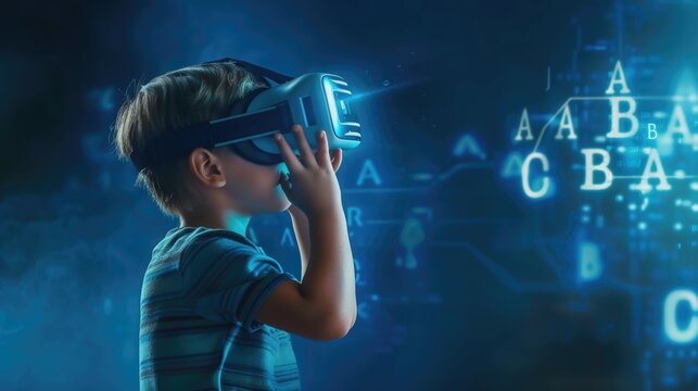 In the image, a young boy stands with a virtual reality (VR) headset on his face, seemingly engaged in an interactive digital world. Digital letters and symbols float in the air around him, suggesting