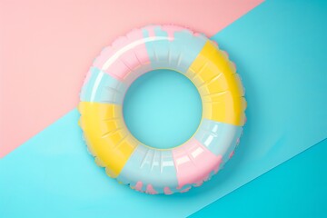 Obraz premium Pastel Pool Float a minimalist image featuring a colorful pastel inflatable ring on a dual-tone pink and blue background, evoking a sense of summer fun.