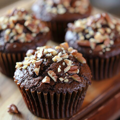 Chocolate muffins with nuts in cups. Copy Space.