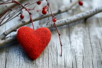 A vibrant carmine heart rests upon a barren winter branch, symbolizing the enduring love that remains even in the coldest of seasons