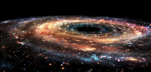 Foto op Canvas A galaxy spiral, with stars and planetary systems in a kaleidoscope of amoled colors against the void of space, presented on a black background, capturing the universe's majesty in 3D, 8K resolution © Counter