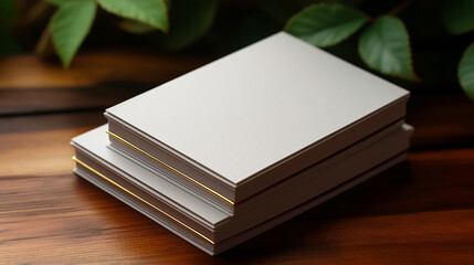 Blank white paper business cards on a wooden table with plant leaves around mockup 