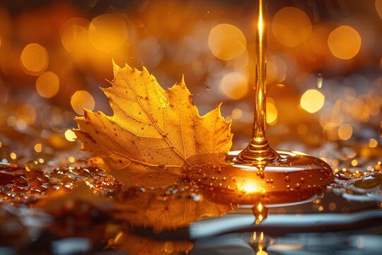 Flowing maple syrup with maple leaf.