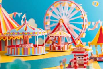 Miniature carnival scene crafted from colorful paper, featuring a merry-go-round, Ferris wheel, and tents against a bright blue backdrop