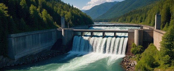 steady flow of water from a hydroelectric dam blends with the tranquil beauty of forested mountains, symbolizing sustainable energy practices - obrazy, fototapety, plakaty