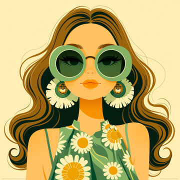 Fashionable young girl with large eyes and curly locks wearing green shades American mid century design flat minimalism