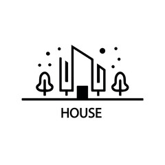 Fototapeta premium Small Town silhouette cutout skyline with chapel houses trees black and white