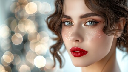 Close Up of Womans Face With Red Lipstick