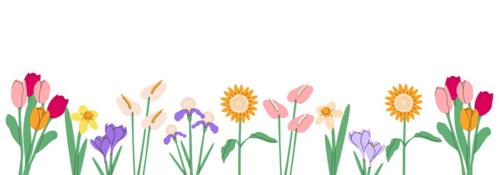 Flower bouquet border.Spring and summer flowers, plants for decoration, blooming herbs isolated on transparent background.Hand drawn set.Vector illustration EPS 10