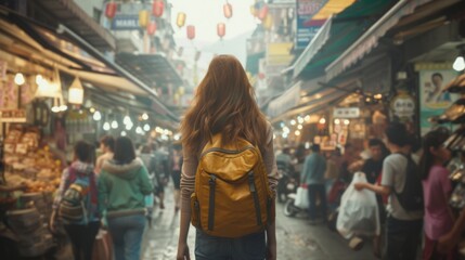 Obraz premium A young woman with a yellow backpack walks through a bustling market filled with colorful stalls and diverse crowds.