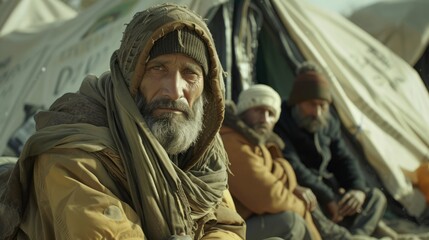 Obraz premium An elderly man with a weathered face sits outside a tent in a refugee camp, accompanied by two others in the background, capturing a moment of resilience and survival.
