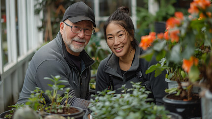 Cheerful senior couple enjoying gardening together in backyard