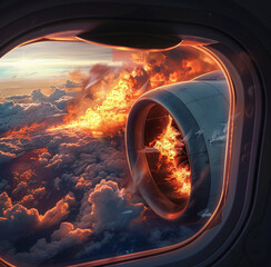 Burning plane engine. Fire and smoke. View from the window.
