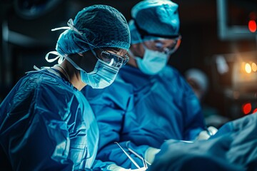 In a sterile hospital room, a team of skilled surgeons dressed in scrubs and medical gloves work together to save a patient's life using an array of advanced medical equipment and surgical instrument