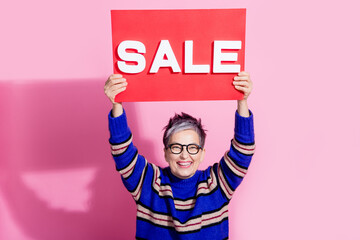 Photo portrait of attractive pensioner woman hold shopping sale plate wear trendy blue striped...