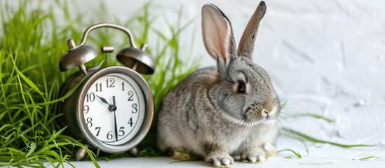 A gray rabbit sits beside an alarm clock on a white background, showcasing the importance of pet care.