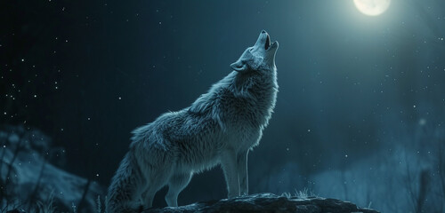 A lone wolf howling at the moon, with its fur a tapestry of amoled colors contrasting against a dark, starry background, evoking a sense of wilderness in 3D, 8K - obrazy, fototapety, plakaty