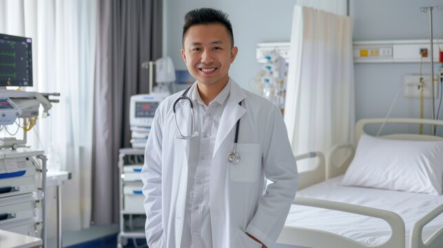 A cheerful male doctor with black hair, wearing a white lab coat and a stethoscope around his neck, stands confidently in a bright hospital room with an empty patient bed and medical equipment in the 