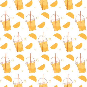 Hand drawn pattern of lemonade and orange slices in flat style. Seamless template with fresh drinks in orange colors. Flat vector illustration for wrapping and packaging