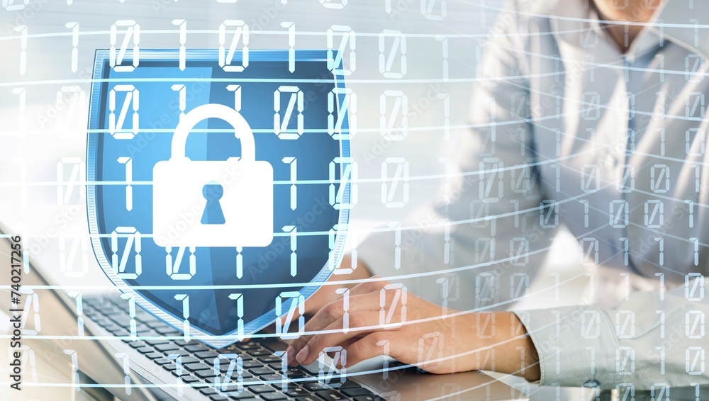 Aufkleber cyber â€‹â€‹security and protection, using laptop with security system