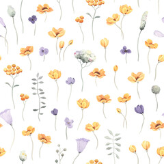 Floral seamless pattern, blossom meadow with abstract yellow and purple flowers, delicate isolated illustration for your design textile or wallpapers. - 740217654