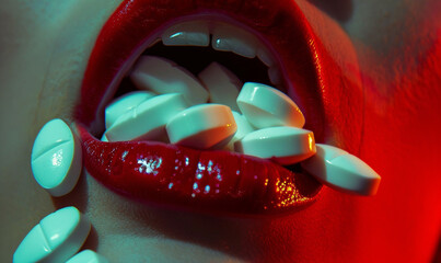 Sensual female mouth in close-up portrait with pills between lips.