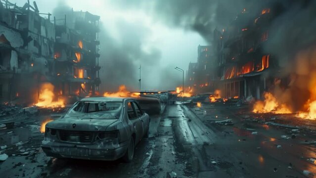 A car on a street of a destroyed and burning city. World war and armageddon concept. Animation with zoom effect. High quality 4k footage