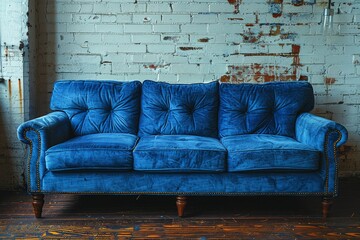 An abandoned blue couch sits in front of a weathered brick wall, its presence a stark contrast to the empty room and a symbol of forgotten comfort