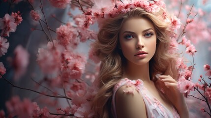 Woman With Long Blonde Hair Standing in Front of Pink Flowers