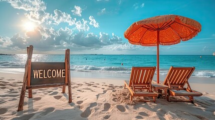 Inviting beach scene with a warm welcome. Generative AI