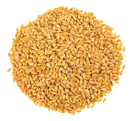 Yellow seeds of flax isolated on a white background, view from above. Golden linseeds.