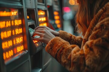 A determined woman stands indoors, her hand grasping tightly onto the vending machine's handle as she withdraws the cash she needs