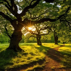 Deciduous, green trees in full bloom in the rays of the sun. Spring landscape in the park.  A summer landscape in the forest.