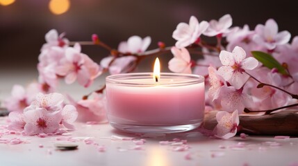 Obraz na płótnie Canvas Pink Candle on Wooden Table
