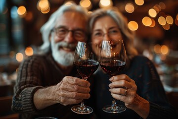 A bearded man and a smiling woman clink their wine glasses, indulging in a luxurious and intimate moment amidst a stylish and sophisticated indoor setting