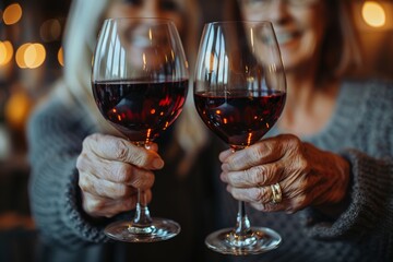 Two hands clink wine glasses in a toast, as rich reds and sweet dessert wines flow freely in a classy indoor setting, the perfect accompaniment to delectable food