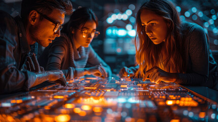 A diverse group of individuals, each adorned in unique clothing, gather around a circuit board, their faces illuminated by the warm glow of a flickering candle, as they work together to create a brig