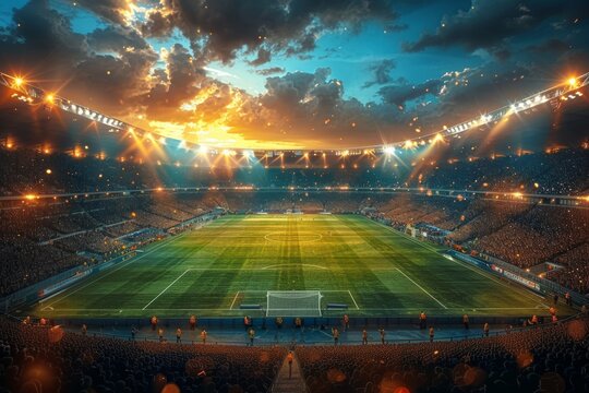 Under the bright floodlights, a sea of passionate fans fill the stadium, their eyes fixed on the lush green field as the soccer match unfolds against the backdrop of a deep blue sky dotted with fluff