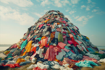 A pile of old used clothing and textiles. Fast fashion and clothing recycling - obrazy, fototapety, plakaty