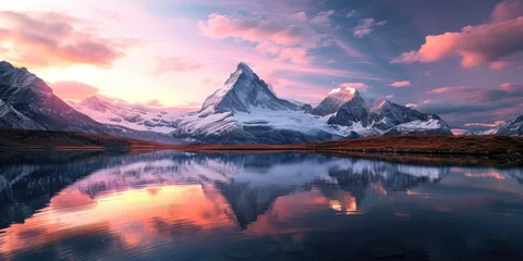 Poster de jardin Réflexion A majestic mountain landscape at sunset, snow-capped peaks, a crystal-clear lake reflecting the vibrant sky, serene nature. Resplendent.