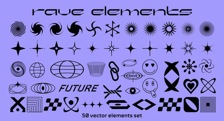 Futuristic techno rave vector elements set, brutalist collection, Different types of abstract geometric shapes and forms bundle, y2k 90s groovy retro icons kit for banners, posters, events, stickers