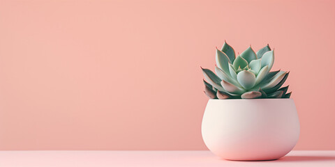 Succulent in a white pot against a pastel pink background. Minimalist home decor and modern...