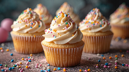 Fototapeta na wymiar Festive Cupcake Frosting Top with Sprinkles.
